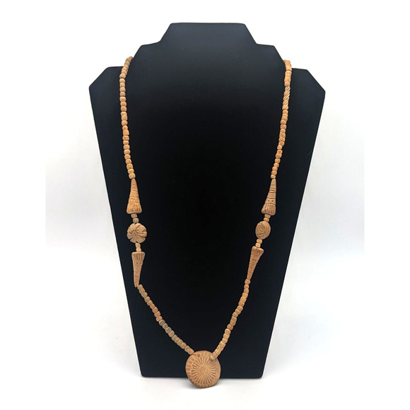 Vintage Handmade Terracotta Clay Bead Floral Necklace Southwest Boho Beachy 28" - Picture 1 of 7
